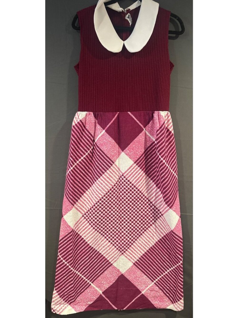 Vintage Puritan Forever Young M Burgundy Plaid Peter Pan Collar Dress academia